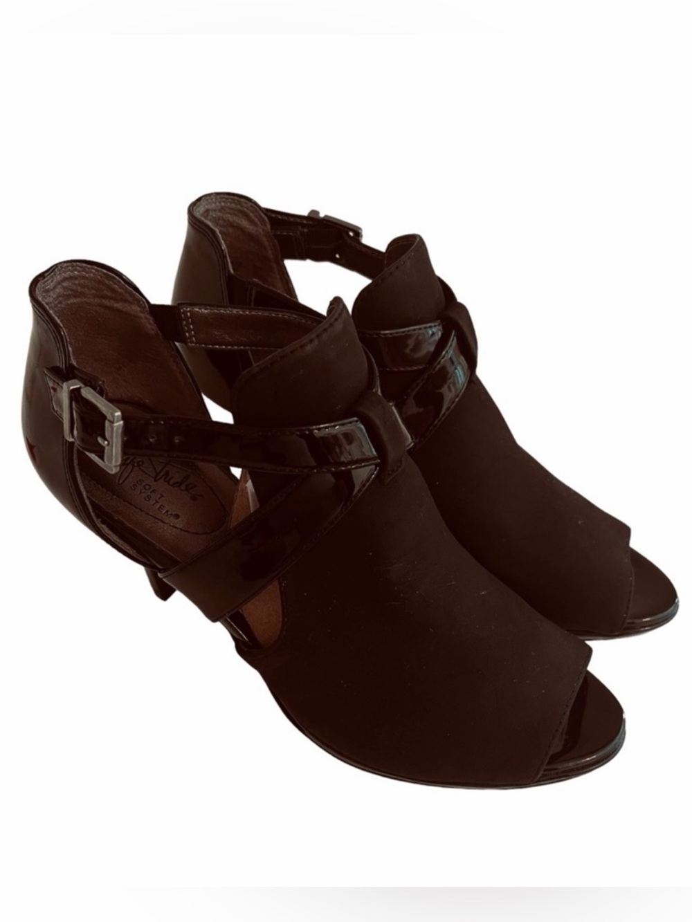 Life Stride "Soft System" Black Patent/Fabric Peep Toe Stiletto Buckle Shoe